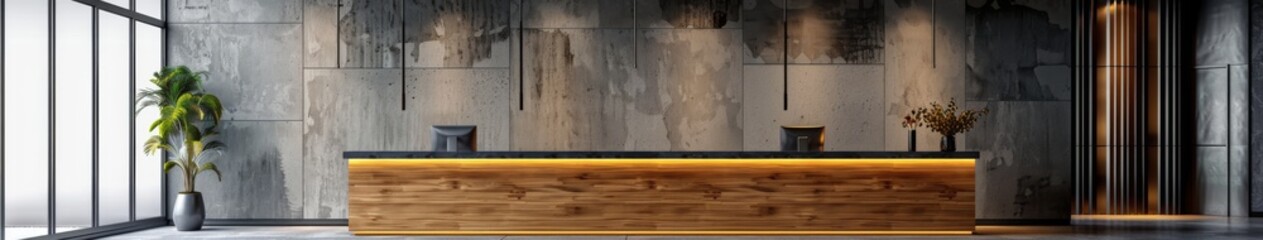 Modern Lobby with a Wooden Reception Desk, Minimalist Design, Grey Stone Walls, and Large Windows, Exuding a Businesslike Ambiance in 3D Rendering