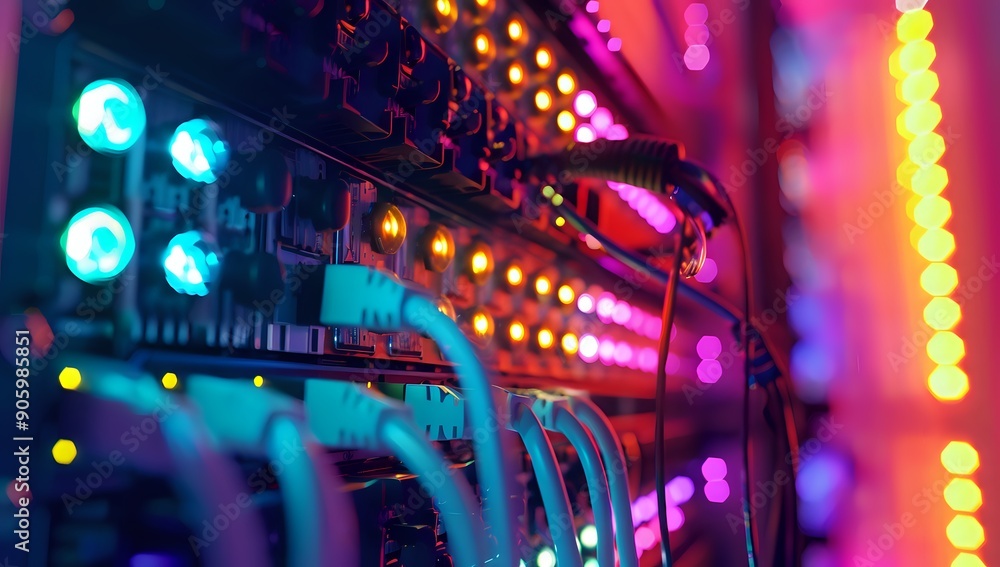 Poster server room network cables connect to datacenter servers for cloud computing, big data, and internet