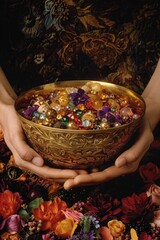 Golden Bowl Filled with Jewels and Flowers