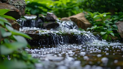 Fototapeta premium Waterfall Cascades Over Rocks in a Lush Green Garden with Bubbles