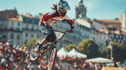 Fototapeta premium Dynamic BMX Freestyle Trick by a Skilled Female Rider in Stylish French Colors