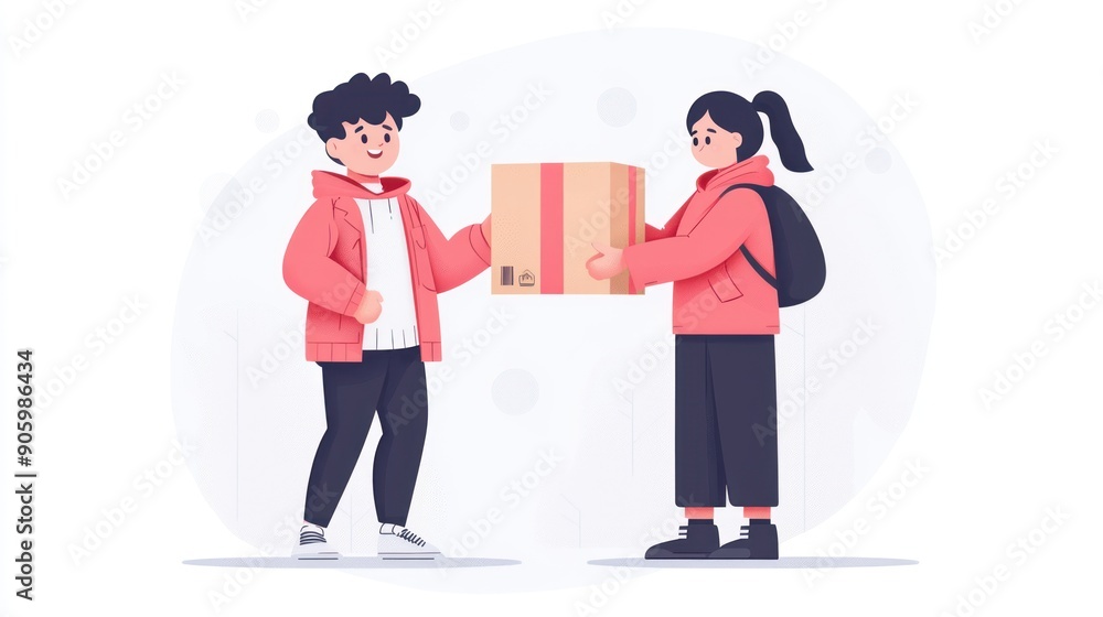 Poster smiling delivery person handing package to customer with cheerful demeanor, high resolution image, g
