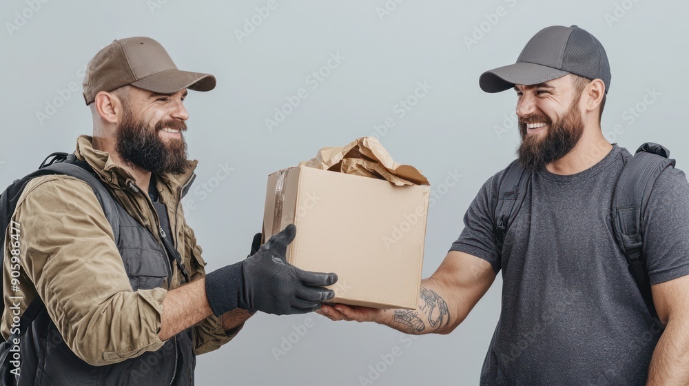 Poster smiling delivery person handing package to happy customer in high resolution quality service concept