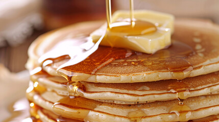 Stack of pancakes with syrup and butter