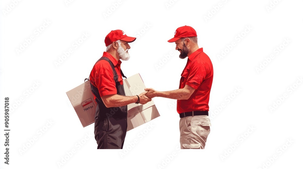 Poster friendly delivery driver in uniform greeting customer at door with high resolution image, generative
