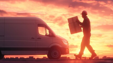 Early Morning Delivery: Driver Loading Packages into Van with Efficient Work Ethic, Generative Ai