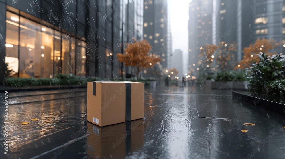 Poster efficient delivery service - package arriving at modern office building entrances with motion blur e