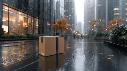 Efficient Delivery Service - Package Arriving at Modern Office Building Entrances with Motion Blur Effect, High Resolution Image, Generative Ai