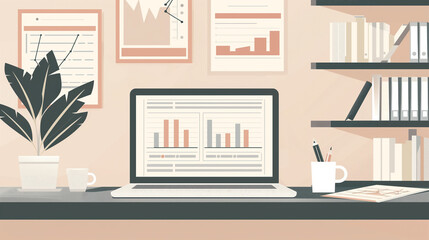  Minimalist Office Desk Setup with Laptop and Charts on Wall