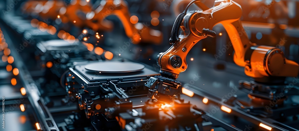 Poster robotic arm assembles components on a conveyor belt in modern factory, highlighting automation in ma