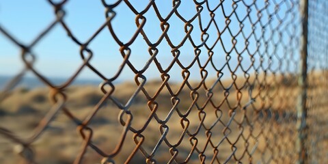 Rusty Chain Link Fence Blocks View of Blurry Sand Dunes Under Blue Sky