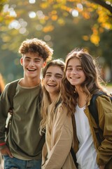 Naklejka premium Three cheerful teenagers friends are happily walking together in a sunlit park, spreading joy and radiating happiness all around