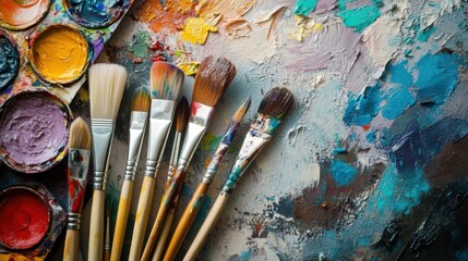 Obraz premium Vibrant Art Supplies - Paintbrushes and Palettes on Solid Background for Art Class Themes