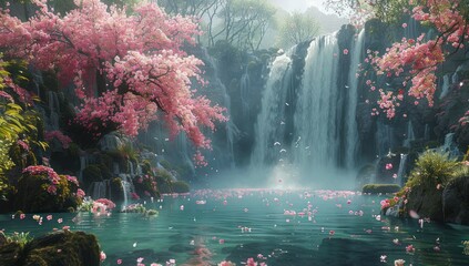 Waterfall Oasis with Pink Blossoms