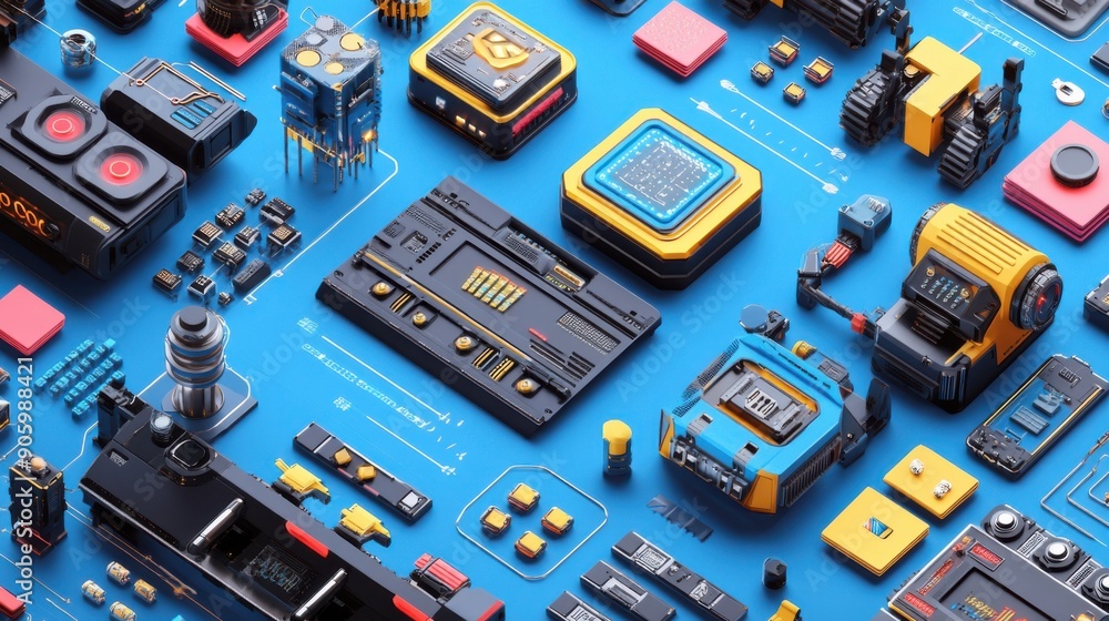 Poster coding and robotics kits set for stem education on solid background