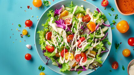 Top view of a colorful mixed salad with dressing
