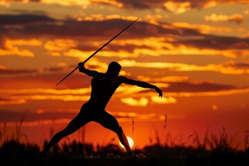 Dramatic Silhouette of a Chinese Javelin Thrower at Sunset
