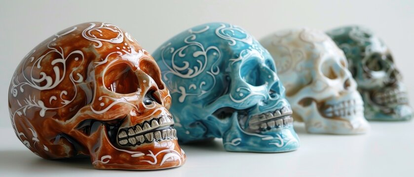 Colorful decorative skulls in a row, featuring intricate patterns and vibrant designs, perfect for Dia de los Muertos celebrations.