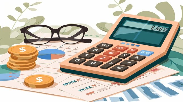 Cartoon vector calculator and money on a budget planning sheet