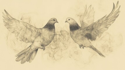 Fototapeta premium Biblical Illustration of Leviticus: Ritual Burning of Turtledoves or Pigeons for Cleansing from Unclean Discharge, Bible Wall Art with Beige Background