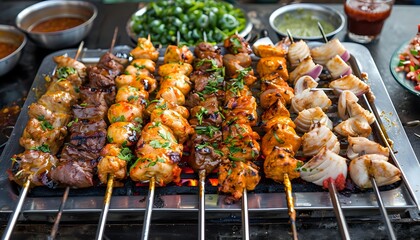 Grilled Chicken and Beef Kebabs with Onions on Skewers Over Hot Coals