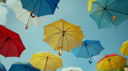 Colorful Umbrellas Floating Against a Clear Sky