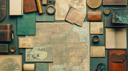 Vintage Historical Artifacts and Maps Flat Lay for Educational Themes