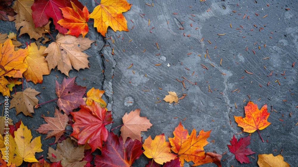 Poster autumn themed arrangement of colorful maple leaves on gray pavement concept of autumn top view with 