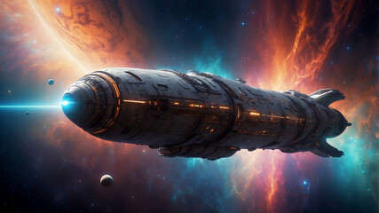Obraz premium spaceship with glowing engines, gracefully orbiting a gas giant with swirling clouds and vibrant colors