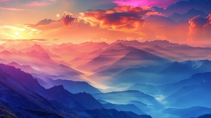 Fototapeta premium Panoramic mountain landscape at sunset, vibrant colors, dramatic clouds, breathtaking and majestic