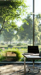 Obraz premium Minimal office during the day, with a blurred view of the green garden.