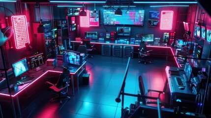 Cyberpunk Control Room with Neon Lights
