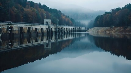 Fototapeta premium Tranquil Reflection of Iconic Dam in Calm Reservoir Waters