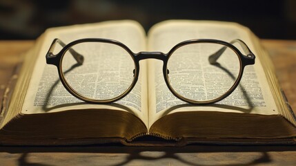 The Path to Wisdom: Glasses on Open Book Symbolizing Knowledge and Learning
