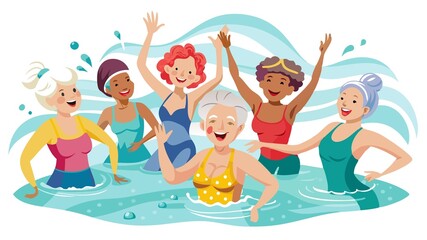A group of seniors exuding energy while participating in an aqua fit class. The design evokes a sense of fun and community, perfect for promoting fitness programs for retirees.