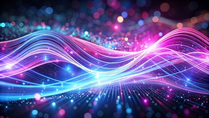 Obraz premium This captivating futuristic landscape features a mesmerizing interplay of pink and blue neon lines, flowing at high speed like digital waves, perfect for creating a dynamic and futuristic design.