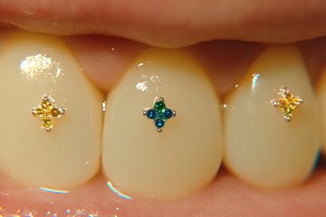 A close-up view of teeth with small dental decorations embedded. Each tooth features a delicate pattern made from tiny colorful gems, reflecting light and creating a shiny effect.
