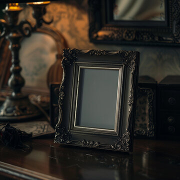 Vintage ornate vertical blank empty frame antique elegant mockup background gothic black antique dark decor Halloween mantle setting Victorian steampunk vintage square background lux mock template 