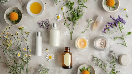 Detailed flat lay of a minimalist beauty setup with natural skincare products and fresh flowers