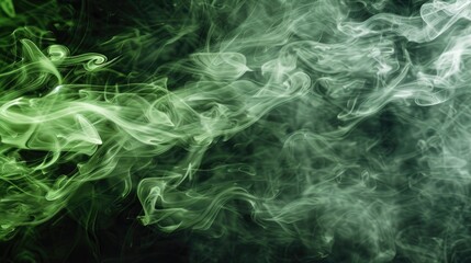 Green and white smoke against black background Blank area for text