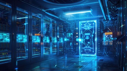 Secure server room protected by an AI-powered surveillance system monitoring for cyber threats.