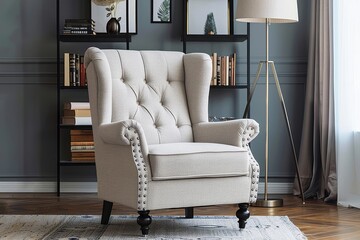 Argent wingback chair with button detail in beige linen, dark wood legs, and silver nailhead trim, set in contemporary style, placed in front of a shelf with books and home decor items