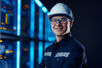 Smiling Male Engineer in Neon Cyber Uniform Embracing High-Tech Design - Digital Art Portrait