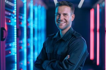 Smiling Male Engineer in Uniform Surrounded by Neon Lights and Advanced Tech - Digital Art Portrait