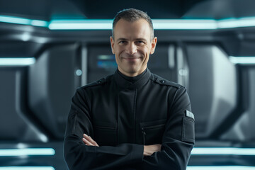 Smiling Male Engineer in Sci-Fi Uniform Poses with Tech Visuals - Digital Art Composition Portraying Technology Innovation