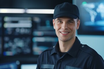 Smiling Male Engineer in Uniform Surrounded by Cyber Visuals - Modern Tech and Digital Art Concept