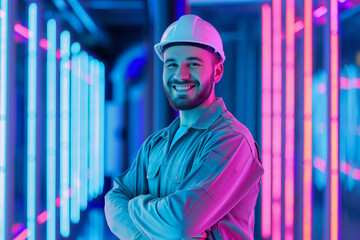 Smiling Male Engineer in Vibrant Neon Futuristic Uniform - Digital Art Portrait