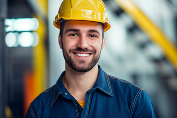 Smiling Male Construction Worker Wearing Yellow Hard Hat and Blue Uniform in Industrial Setting