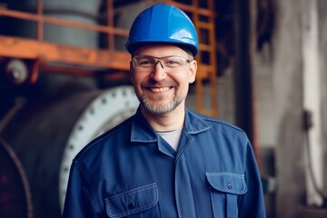 Experienced Male Industrial Worker with Blue Hard Hat and Safety Glasses in Factory Environment