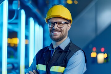 Smiling Male Engineer with Yellow Hard Hat and Glasses in High-Tech Industrial Facility